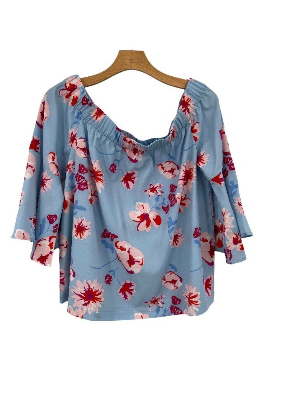 Mudpie Tropical Floral  izzy Blouse 3/4 bell sleeves size medium blue￼Women’s - Picture 2 of 9